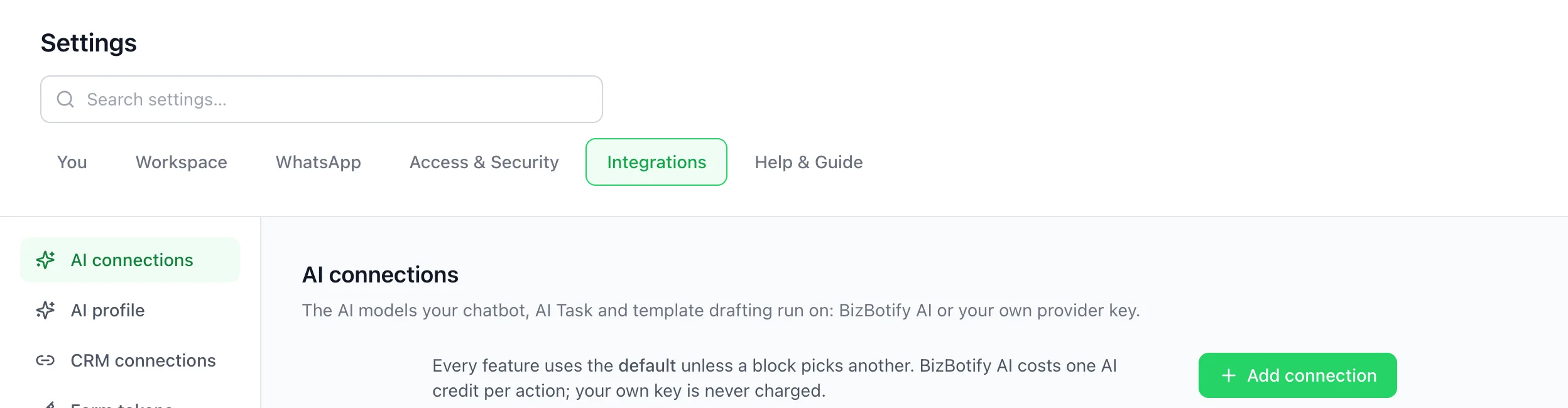 BizBotify AI connections page showing BizBotify AI, the AI credits allowance and the Add connection button