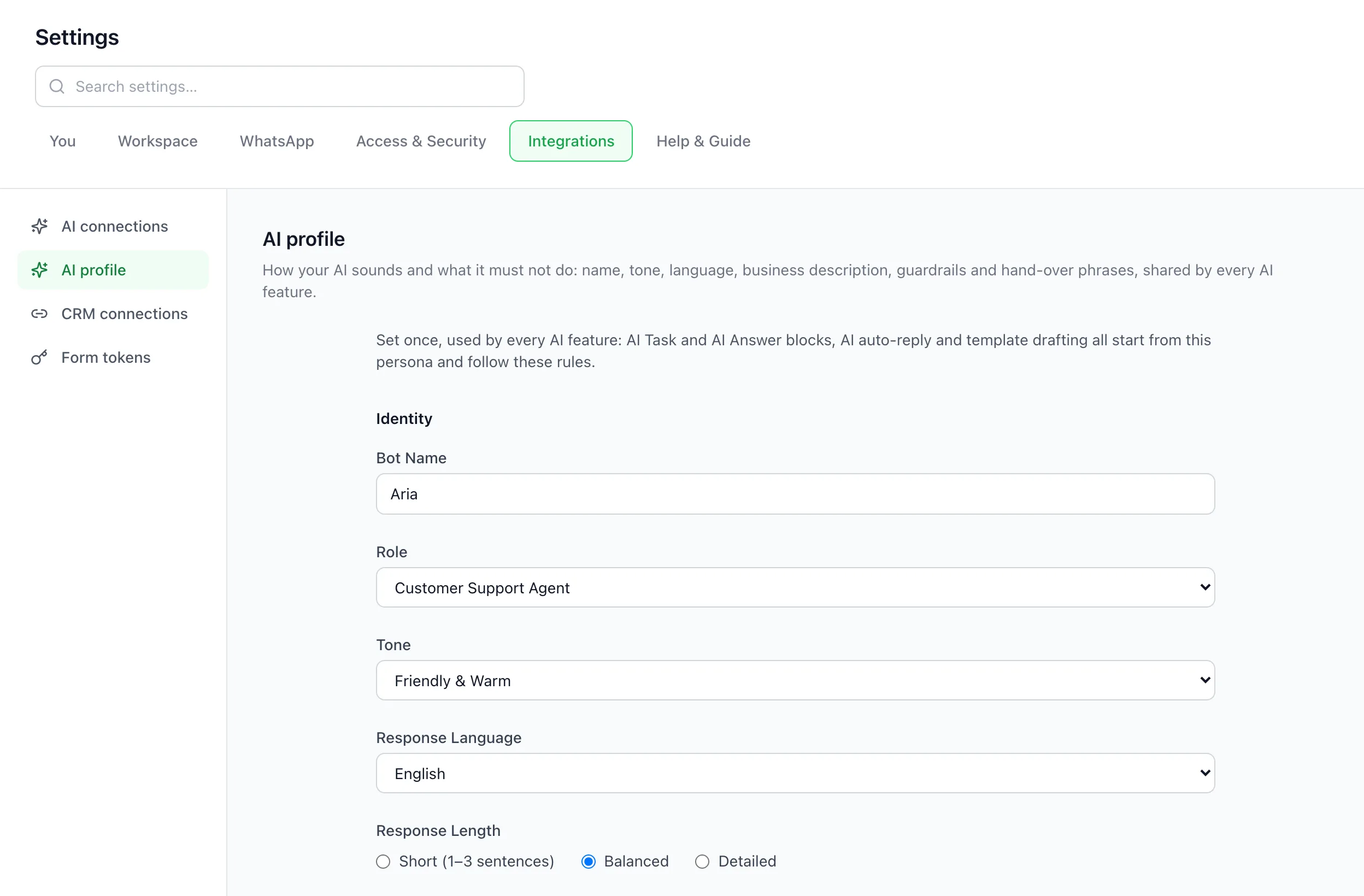 BizBotify AI profile settings with bot name, role, tone, response language and response length