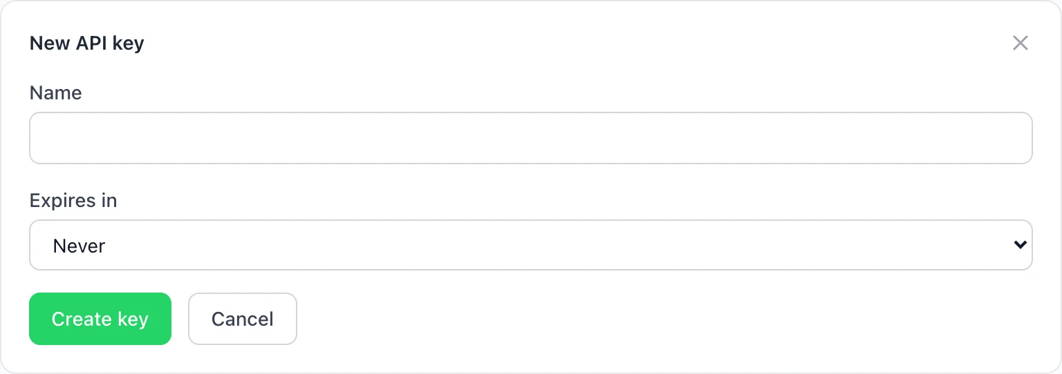 BizBotify New API key form with name and expires-in fields