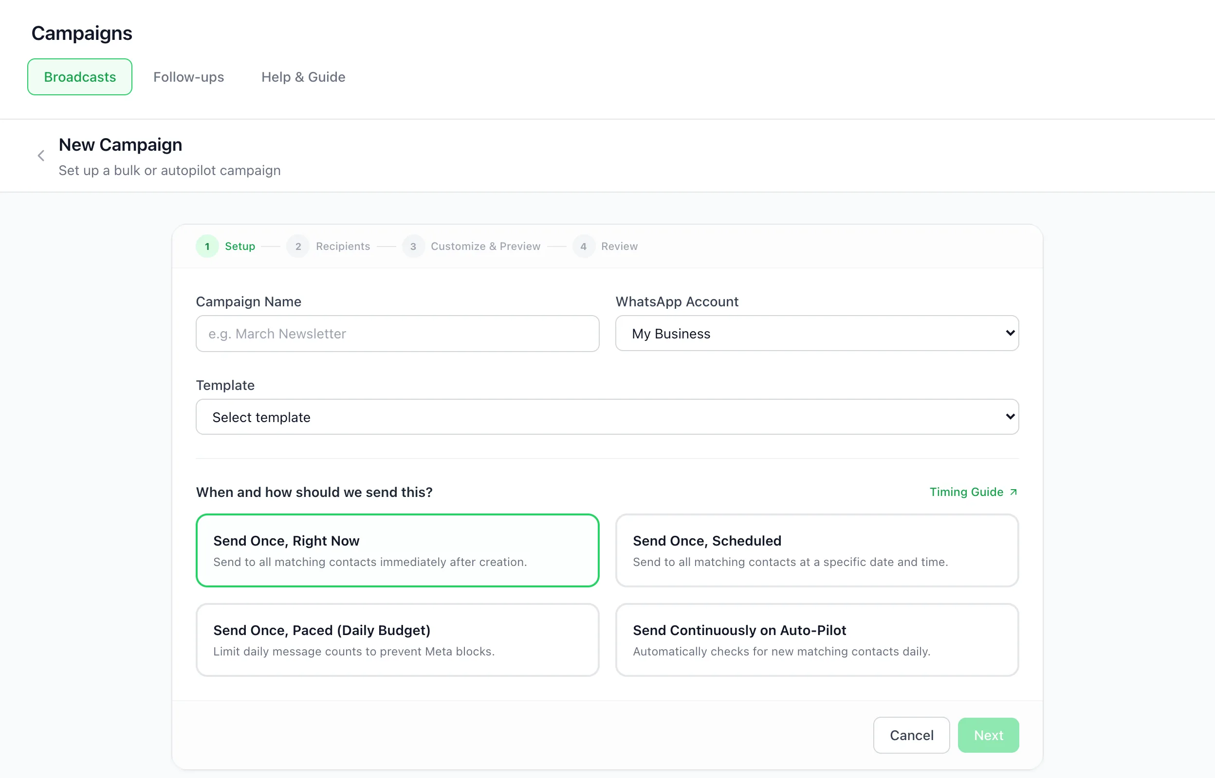 BizBotify New Campaign setup step with campaign name, WhatsApp account, template and four timing options