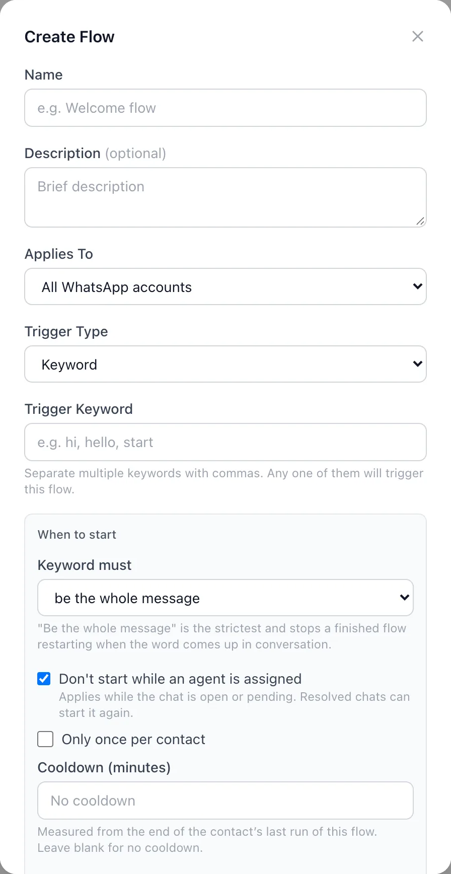 BizBotify Create Flow dialog with name, WhatsApp account, trigger type and when-to-start options