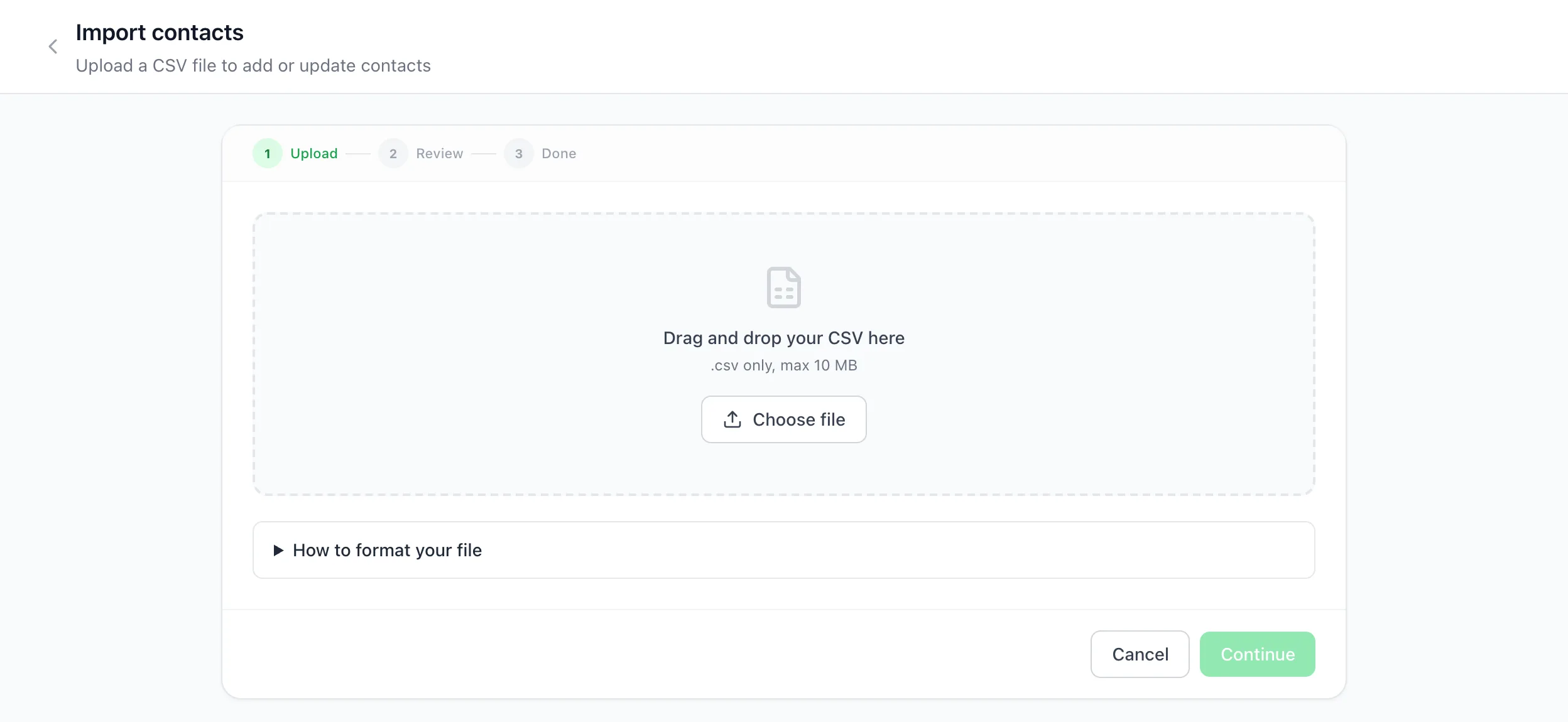 BizBotify Import contacts screen with Upload, Review and Done steps and a CSV drop zone
