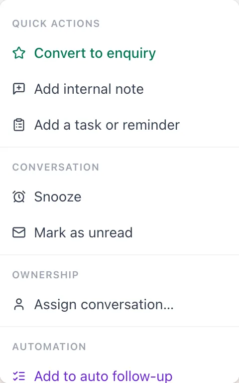 BizBotify chat actions menu with Convert to enquiry, Add internal note, Snooze, Mark as unread and Assign conversation