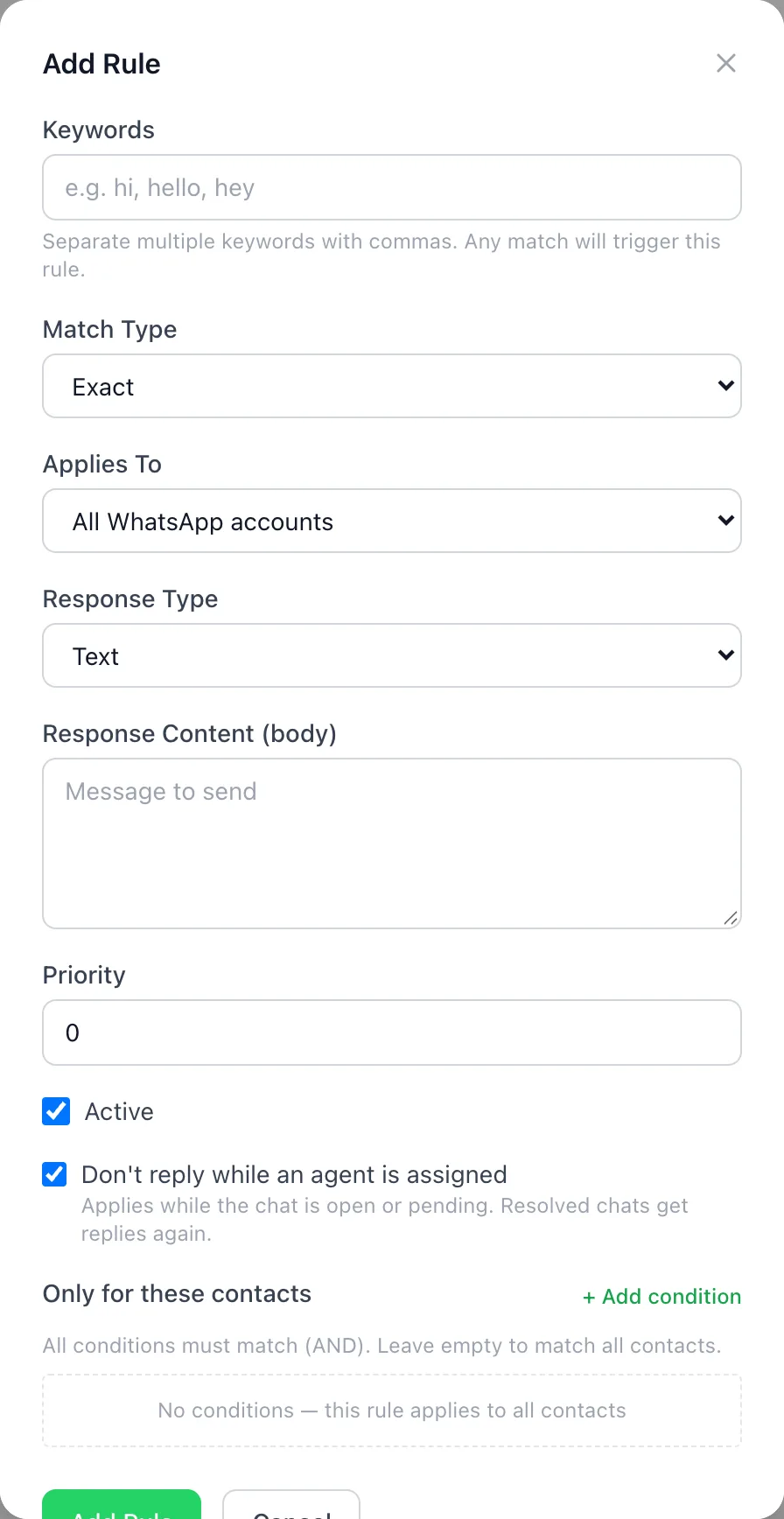 BizBotify Add keyword rule form with keywords, match type and response type