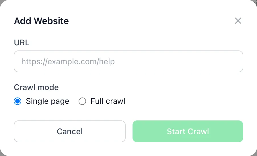 BizBotify Knowledge Base Add Website dialog with URL field and Single page or Full crawl options