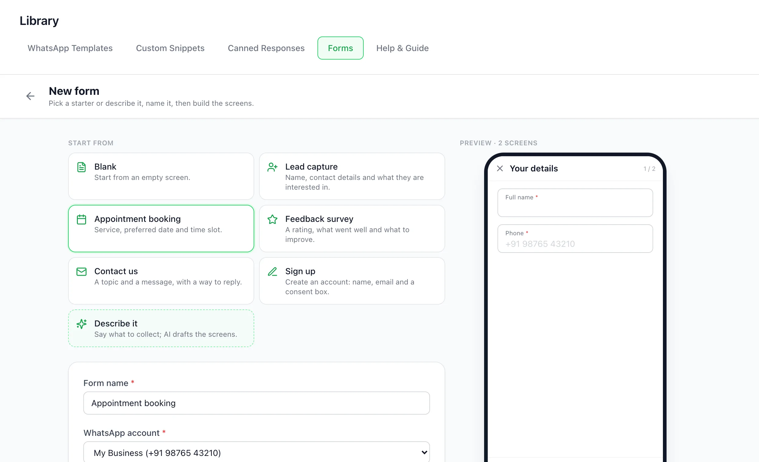 BizBotify New form page with starters such as Appointment booking and Lead capture, and a phone preview of the first screen