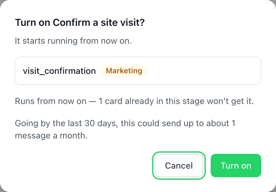 BizBotify Turn on dialog with a template marked Marketing, cards already in the stage and the monthly estimate
