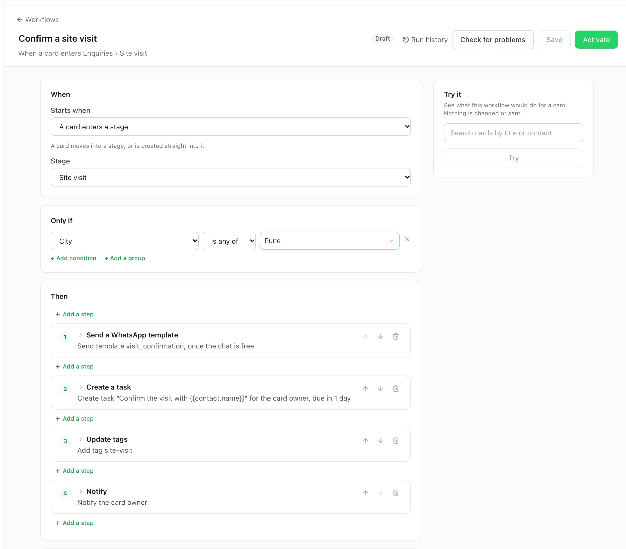 BizBotify workflow builder for Confirm a site visit with When, Only if and four steps under Then