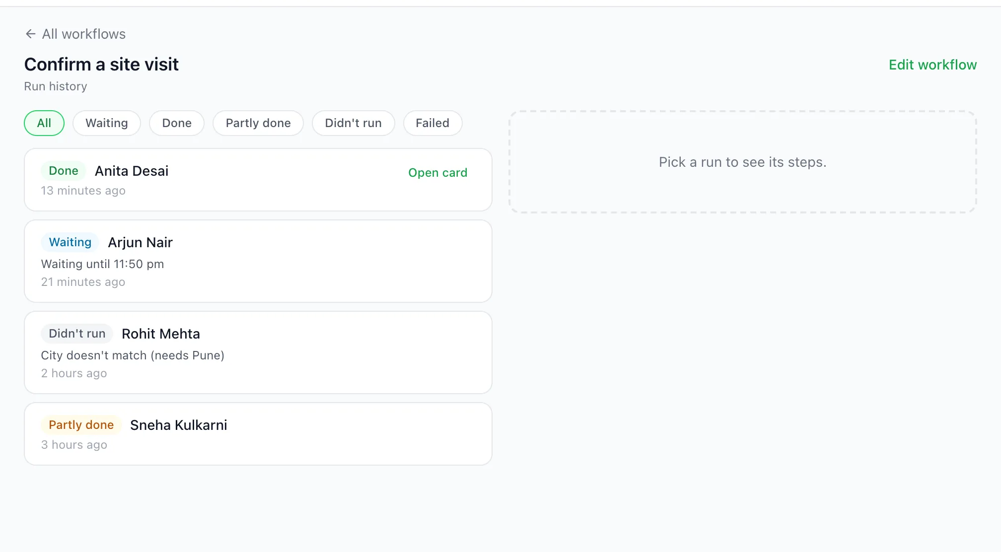 BizBotify workflow run history with Done, Didn't run, Partly done and Waiting runs and their reasons
