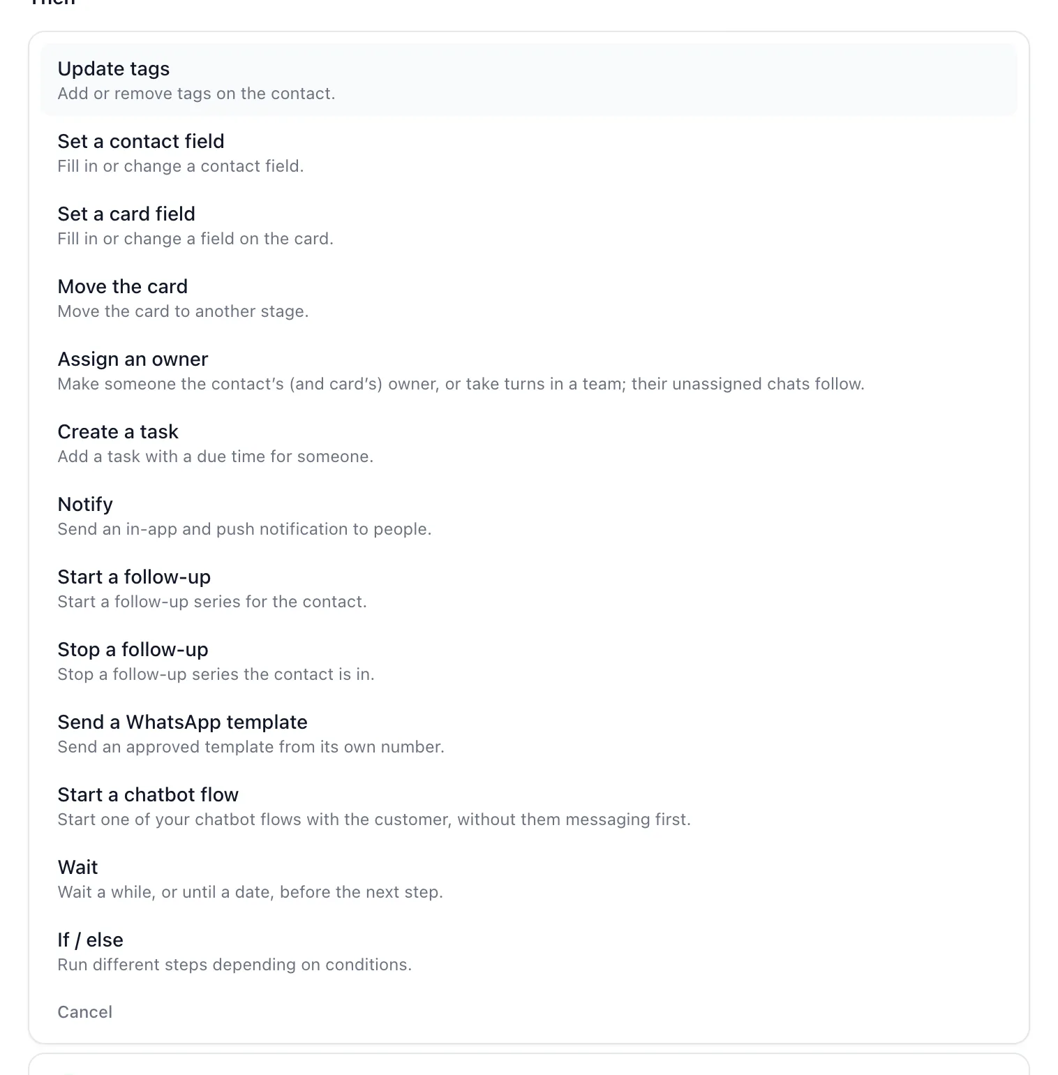 BizBotify workflow builder with the Add a step menu open on all 13 steps