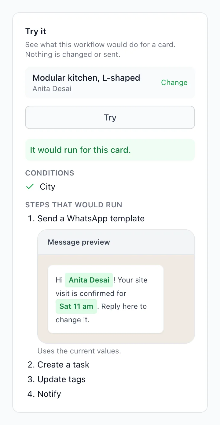 BizBotify Try it panel for Anita Desai with passing conditions, steps that would run and a message preview